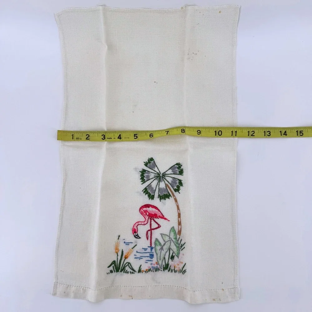 Hand Embroidered 3 Linen Tea Towels Cream Flamingo Butterfly Floral Needlepoint